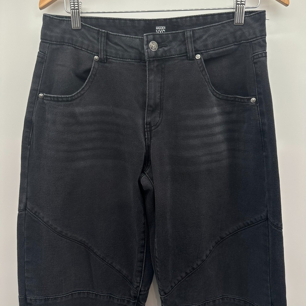 Madden‎ NYC Barrel Jeans Womens 8 Black Denim Tapered Leg Cropped Mid Rise